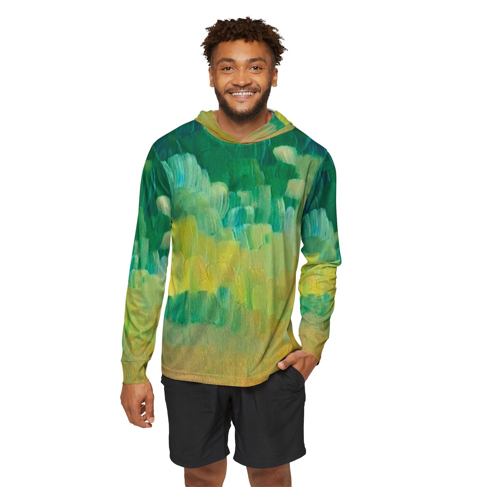 Abstract Green Wave Hoodie — Men's All-Over Print Sports Warmup Pullover