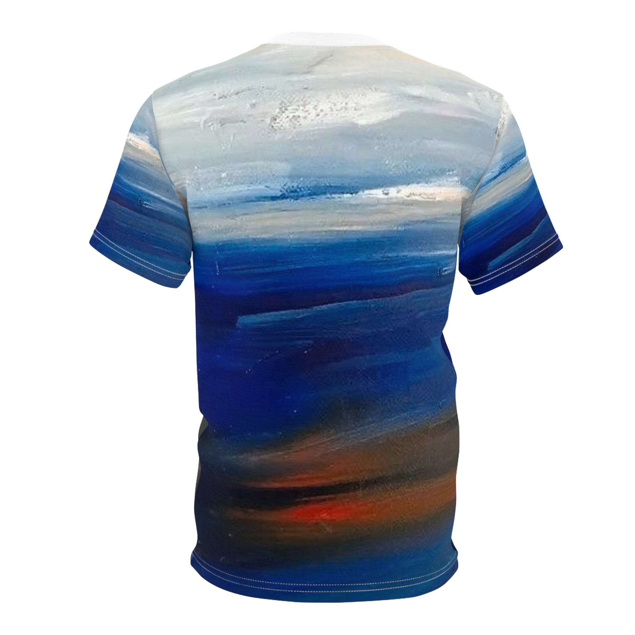 Abstract Ocean Waves All-Over Print Tee — Blue Sunset Gradient