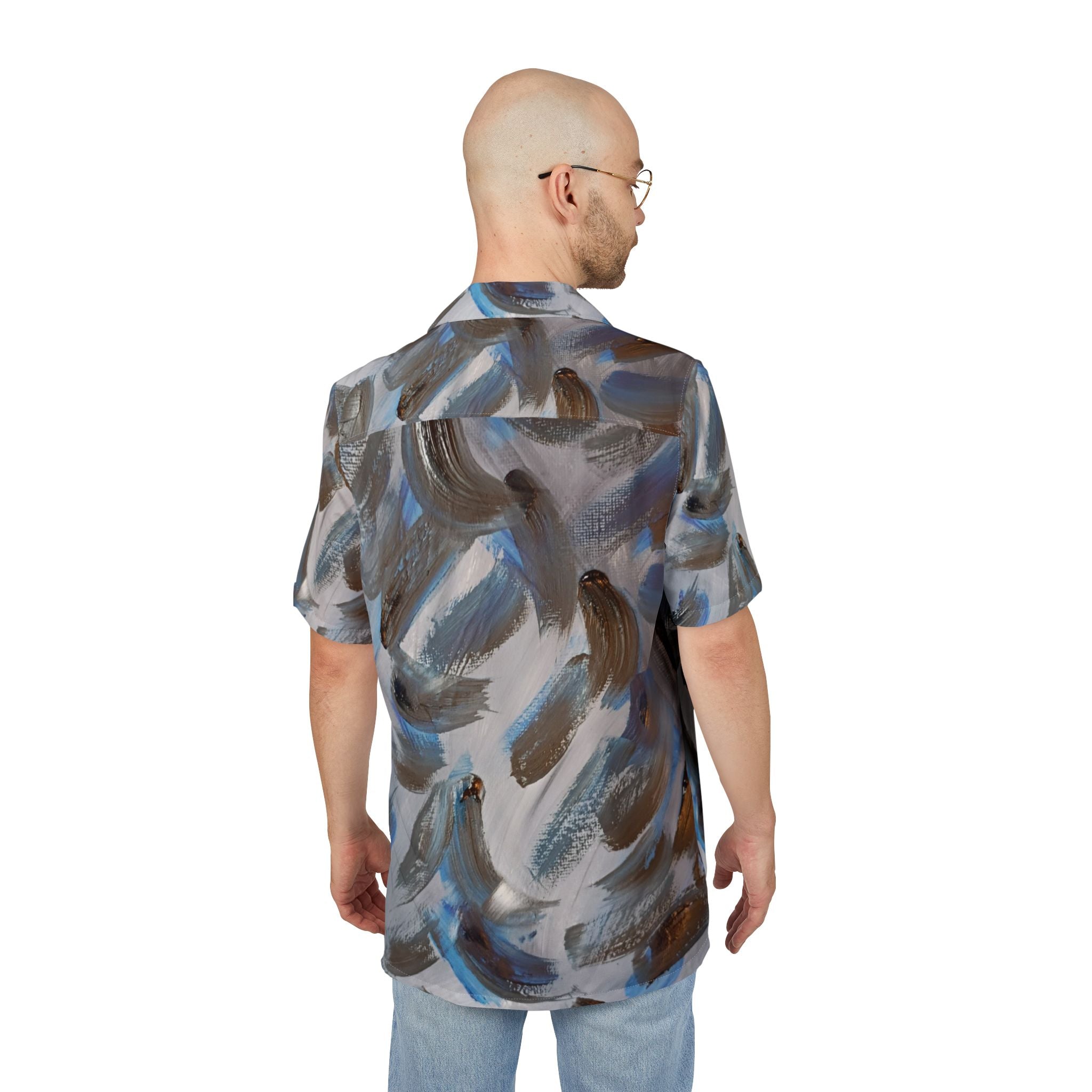 Abstract Brushstroke Hawaiian Shirt – Blue & Brown AOP Button-Down