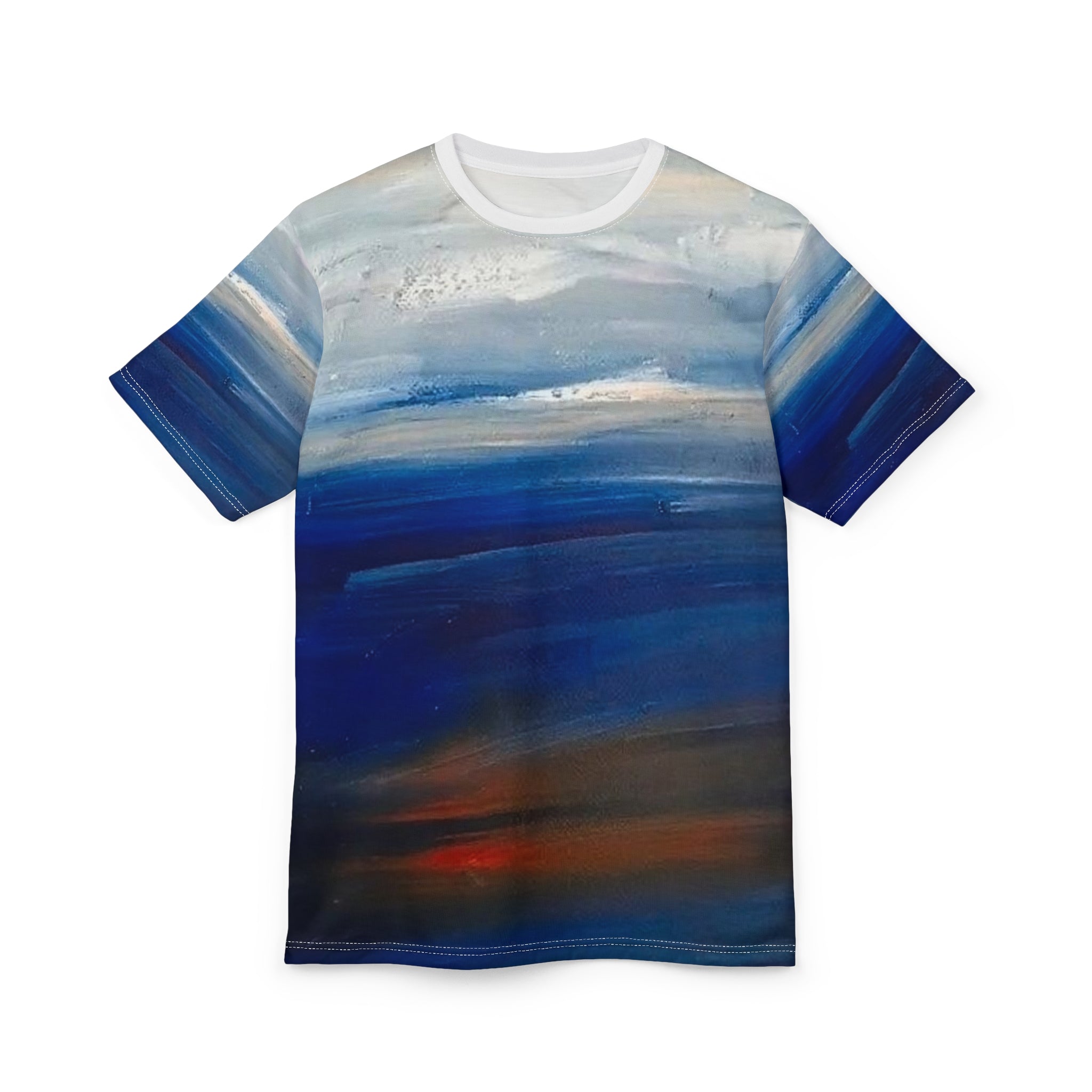 Abstract Ocean Waves All-Over Print Tee — Blue Sunset Gradient