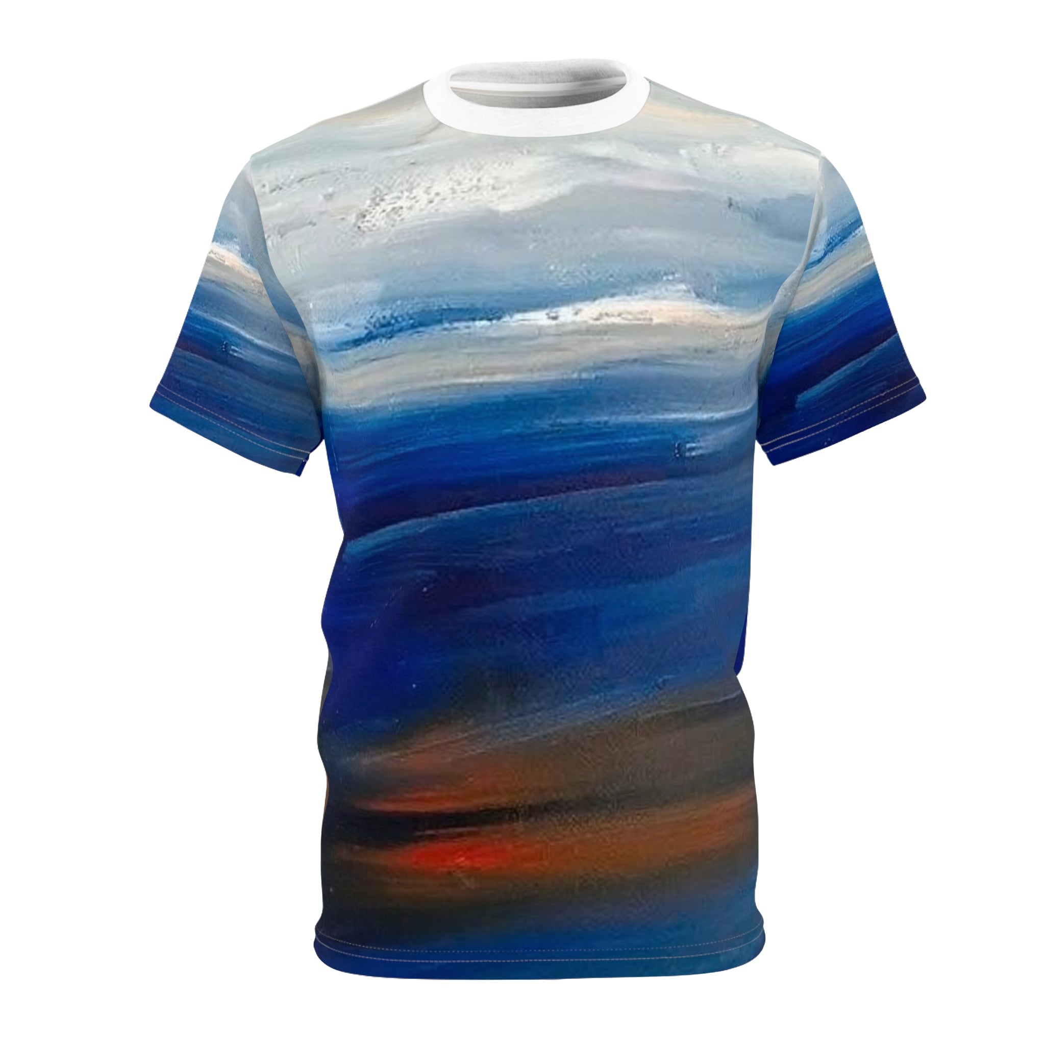 Abstract Ocean Waves All-Over Print Tee — Blue Sunset Gradient