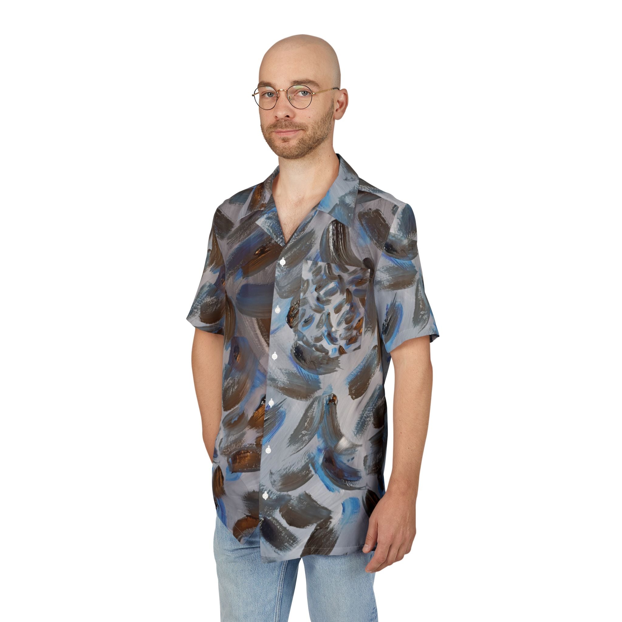 Abstract Brushstroke Hawaiian Shirt – Blue & Brown AOP Button-Down