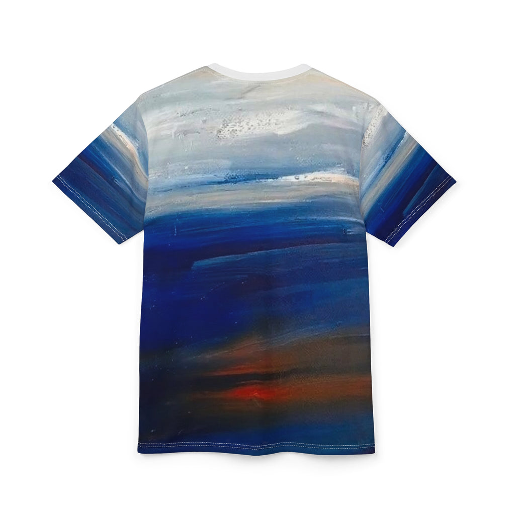 Abstract Ocean Waves All-Over Print Tee — Blue Sunset Gradient